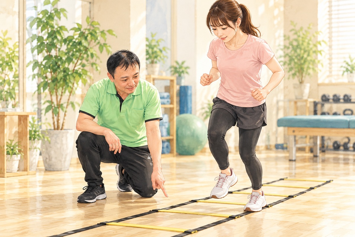 ラダーの足の置き方を先生が指さして伝えるイラスト