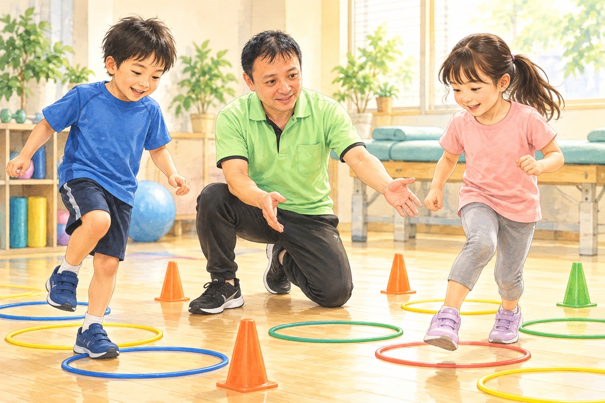 先生の見守りで子どもたちが輪を使ったステップを楽しむイラスト