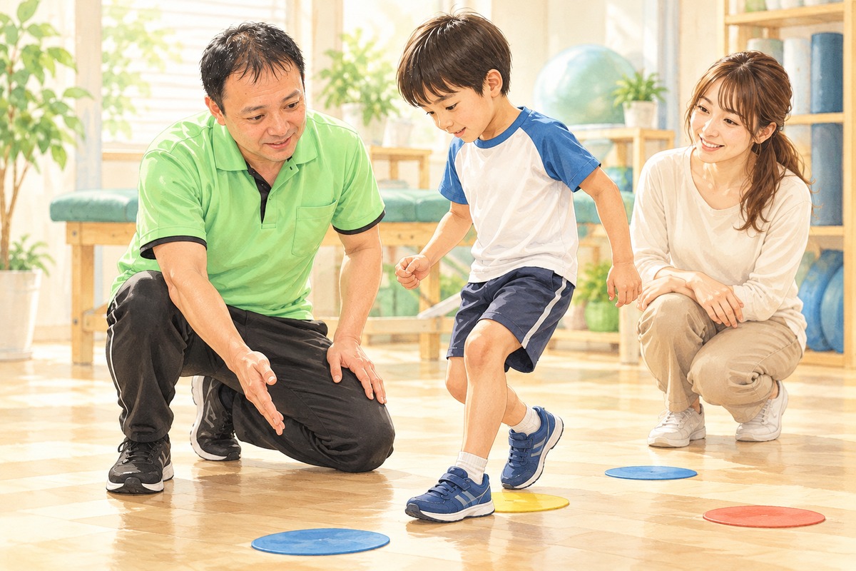 先生が子どもに床の目印を使う動きを教え、保護者が見守るイラスト