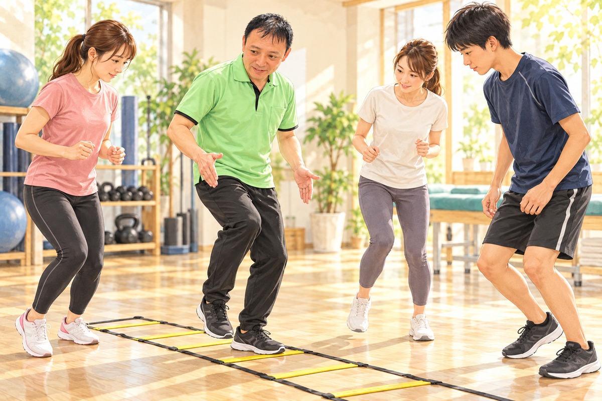 先生がラダーの動きを実演し、参加者が練習するイラスト