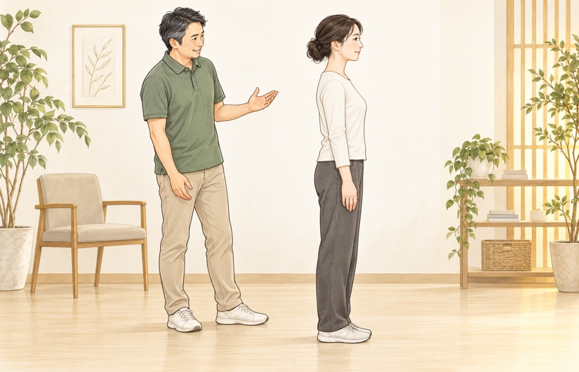 全身の姿勢を確認する整体師と相談者のイメージイラスト