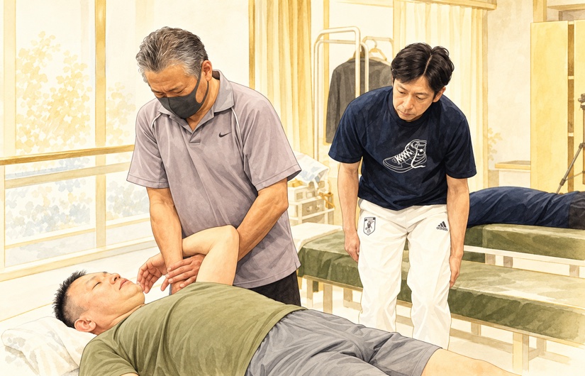 元写真を参考に、肩の付け根から上腕・肘・前腕が自然につながる姿勢を描いた実技学習のイラスト