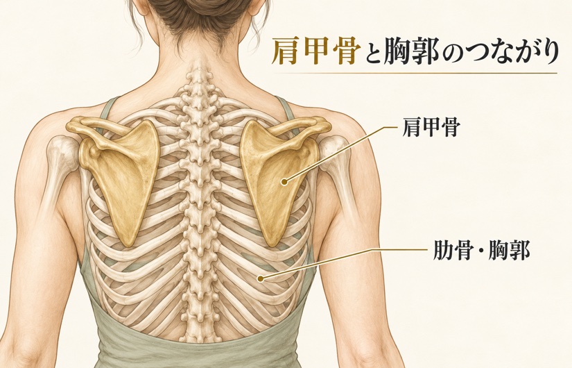 肩甲骨とその下にある肋骨・胸郭の位置関係を示すイラスト