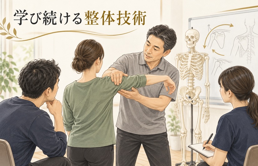 整体技術の勉強会で講師の説明を学ぶ受講者のイメージイラスト