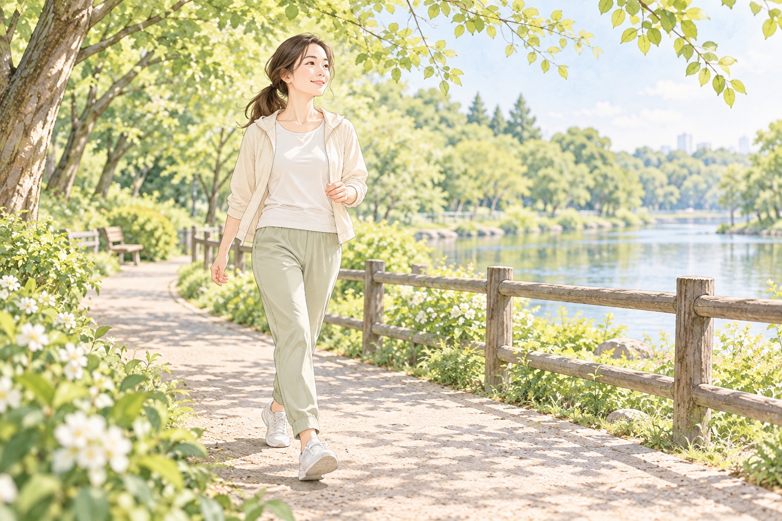 日常生活や体の調子を確認しながら過ごす女性のイラスト