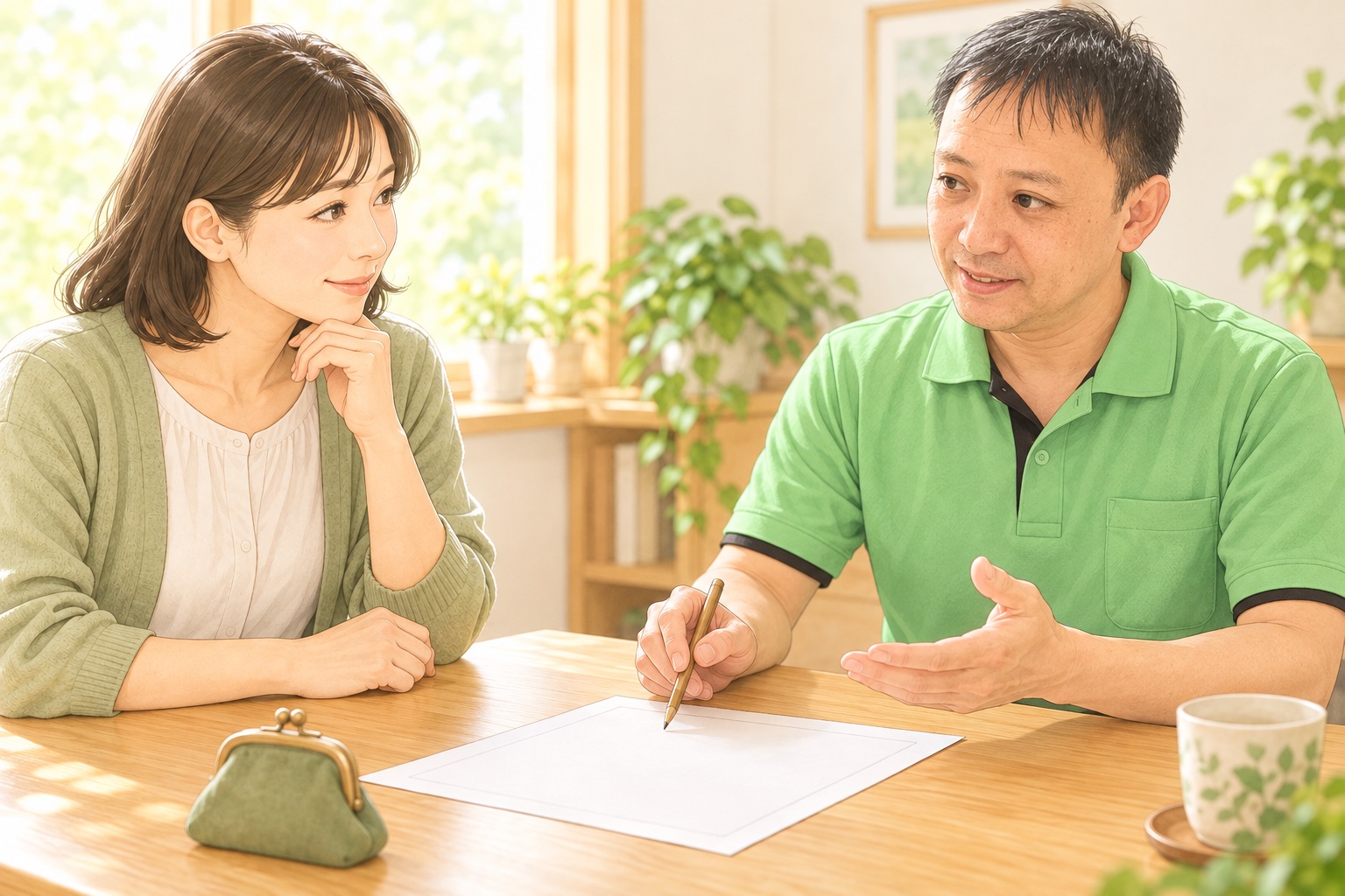 料金の案内を見ながら費用について院長と相談する女性のイラスト