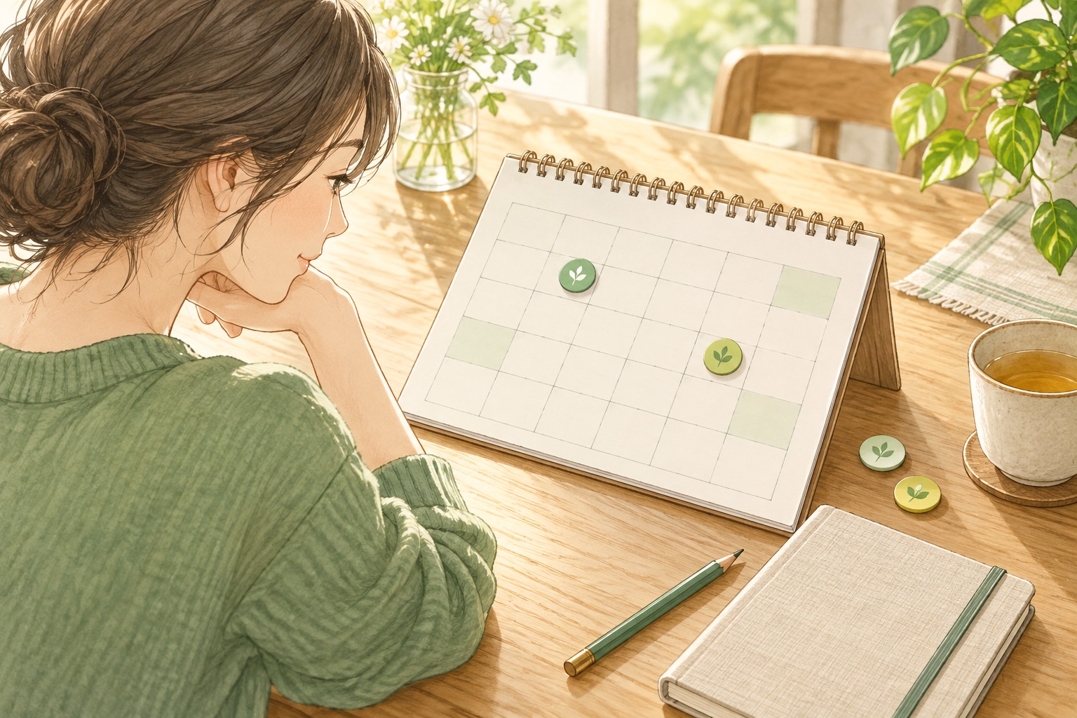 予定表と記録ノートで来院の間隔を確認するイラスト