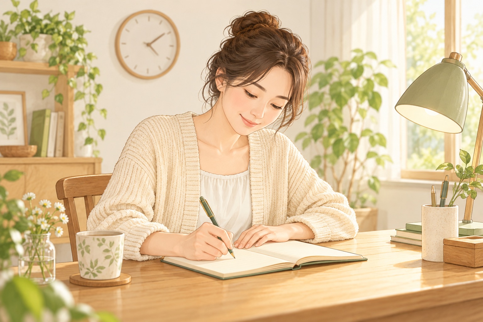 日常の動作や体の様子をノートに記録する女性のイラスト