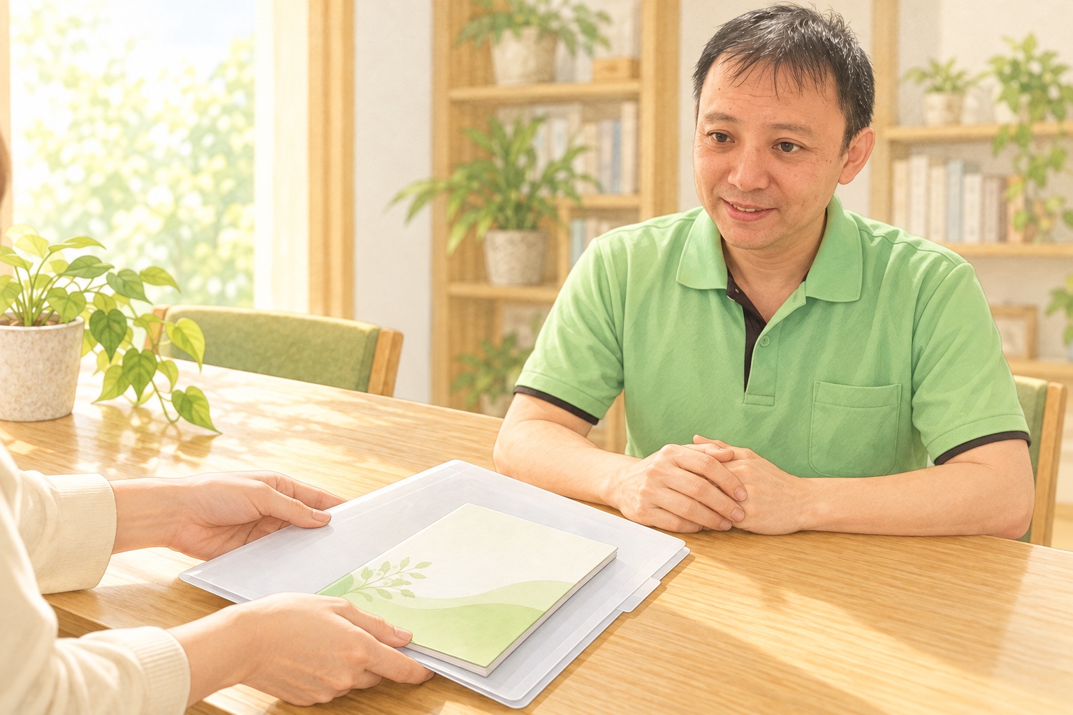 通院中の情報や医師の指示が書かれた書類を院長に見せて相談するイラスト