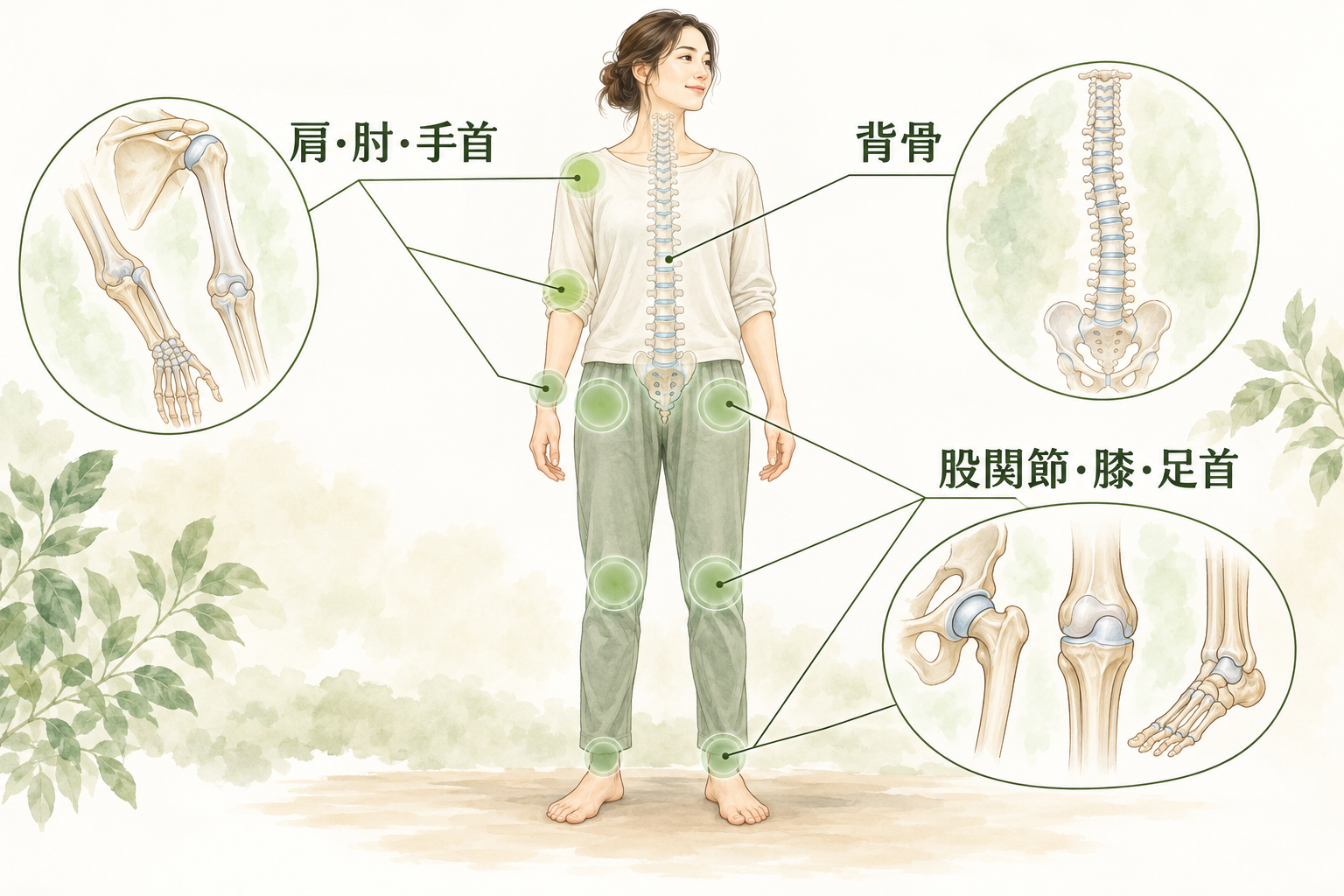 背骨と肩・肘・手首・股関節・膝・足首の位置を示す図